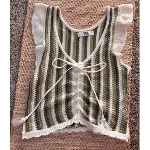 Madden NYC Women Green Cream Striped Knit Ruffle Sleeve Lace Up Sweater Vest